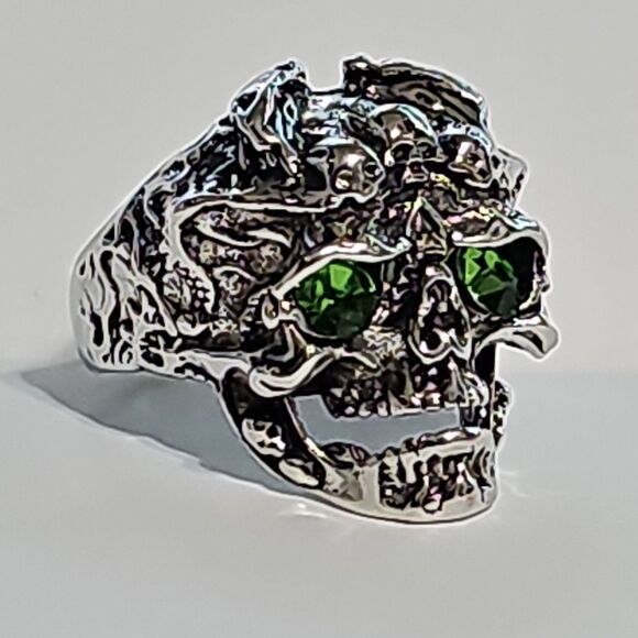 Mens Gothic Skull Ring Green Eyes W/Engraving Skulls Adjustable Open Band Alloy - Picture 1 of 6